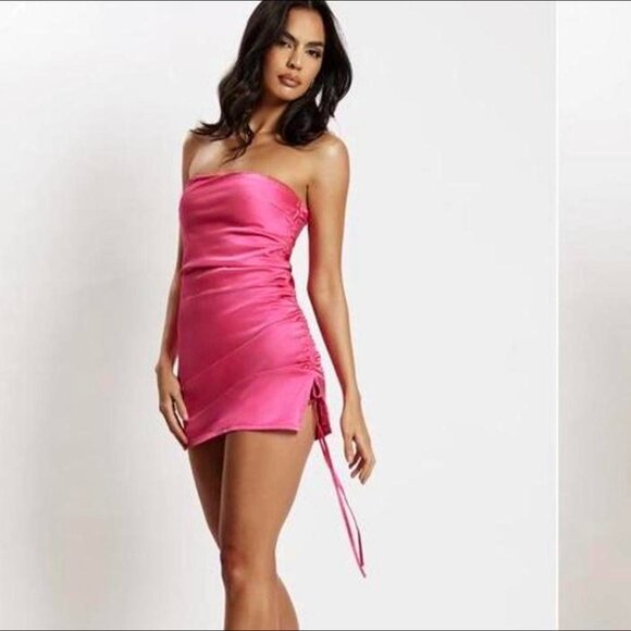 Meshki Katia Pink Satin Side Ruched Gathered Mini Dress Strapless Small - Picture 1 of 11